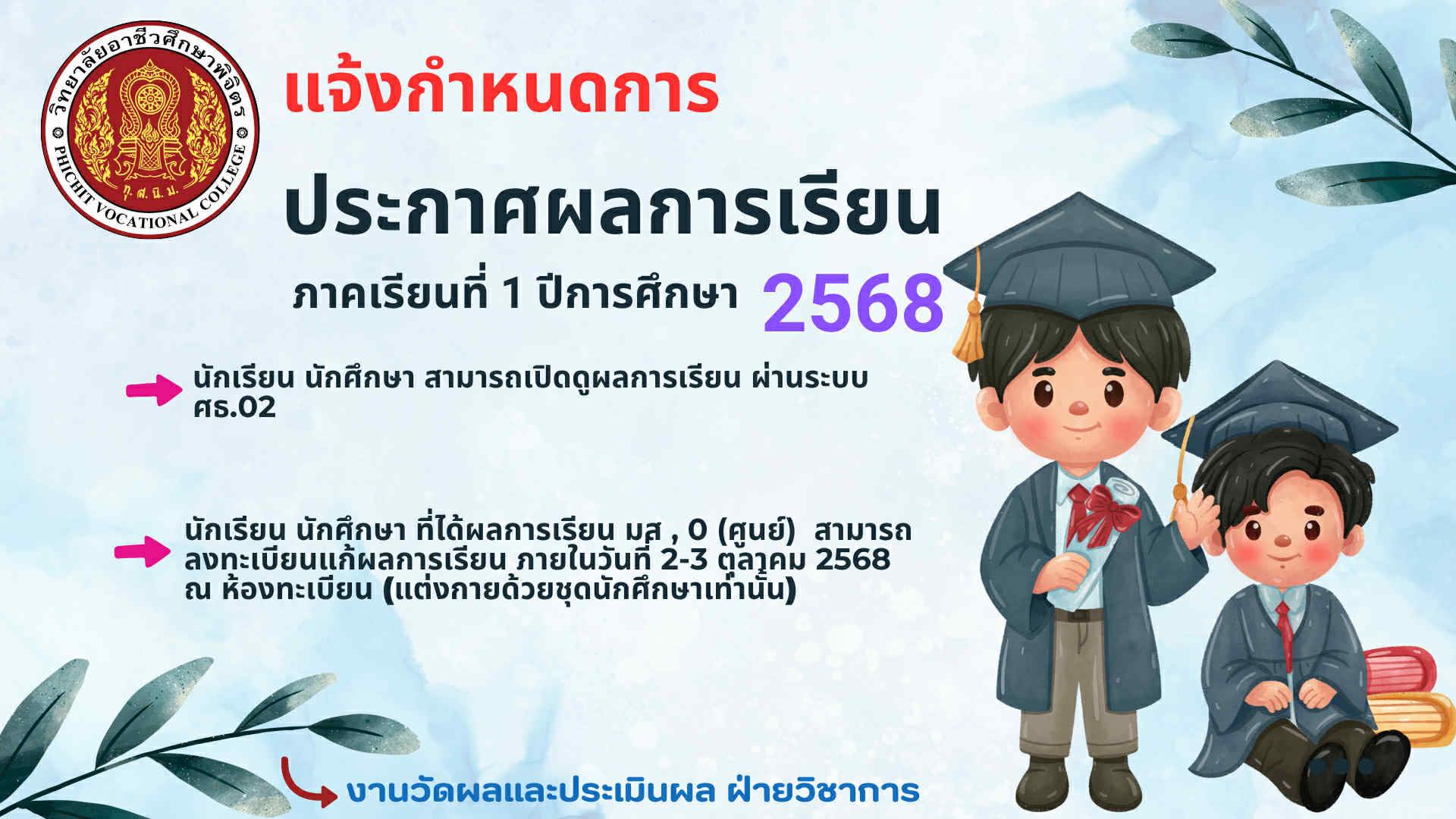 ประกาศผลการเรียน ภาคเรียนที่ 1 ปีการศึกษา 2568